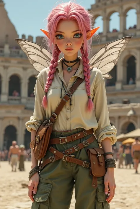 Can you create a female fairy with medium length pink hair in messy pigtail braids and colorful iridescent eyes, she wears a large loose cream shirt gathered around her waist with a brown belt and wears dark tan green cargo pants, and is barefoot. She has ...