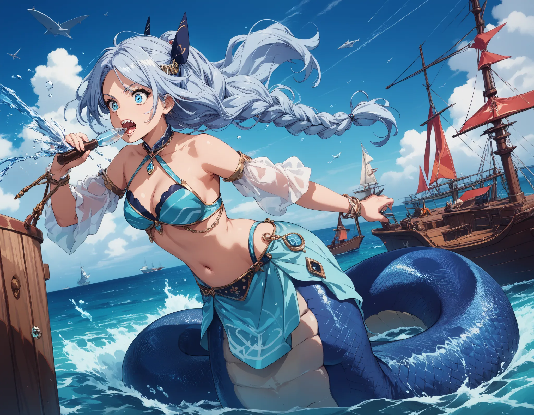 Lamia style girl. Sexy dancer style. Blue costume. Blue silver hair. Single braid. wide-eyed. Shark teeth. She opens her mouth thinly and smiles wickedly. Blue snake. Black pattern. Spiky scales. Attacking ship. Ocean. Wooden ship. Sailing ship. Water spla...