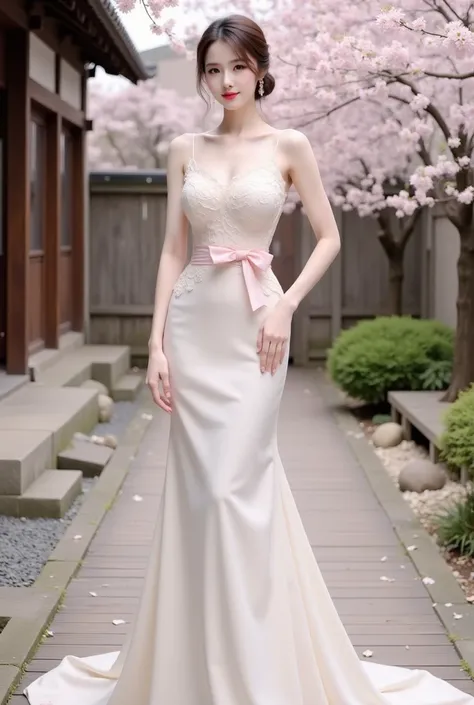 a woman standing elegantly in an outdoor setting adorned with cherry blossoms. She is wearing a fitted, ivory-colored gown featuring delicate floral lace details on the bodice and a soft pink bow around her waist. The dress has thin straps and flows gracef...