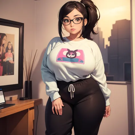 90s style, timid short cute slightly chubby raven nyuugao Mexican geeky emo girl, medium slightly wavy ponytail hair, cute detailed brown eyes, cutely detailed lips, cute highly detailed eyes and face, voluptuous breasts, thin thighs, thin hips, long sleev...