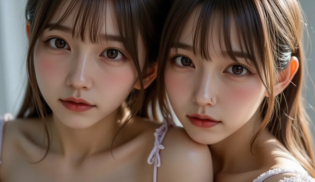 super realistic, photorealistic, dramatic scene, shadow, global lighting, One, very beautiful fragile Japan women (gal), thin waist, hugging, in full height are standing next to each other (girl), 8k high definition, highest quality, skin texture, real por...