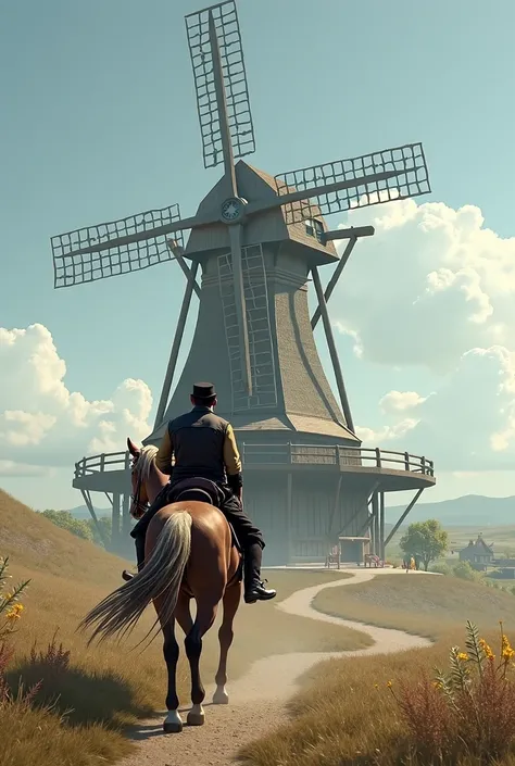 A rider on horseback in front of a windmill is holding a French flag 