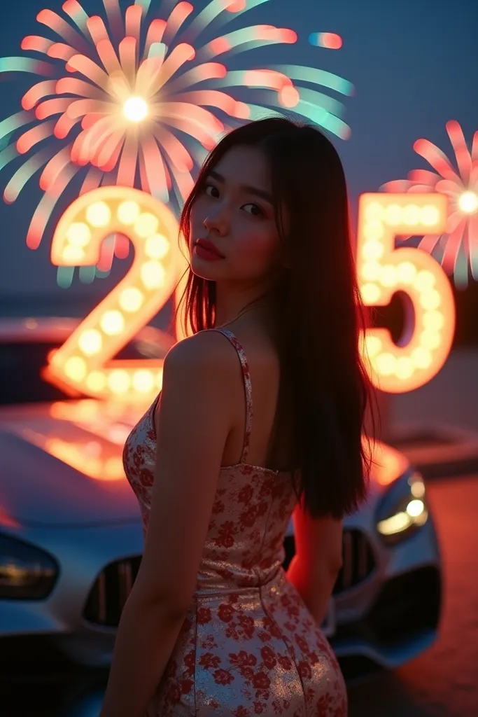   A beautiful Korean woman 、 wearing an elegant, luxurious casual dress with a floral pattern 、I had straight, black, and well-unraveled hair. Trousers standing in front of a car with a New Year's trumpet.  It is written "happy new year 2025"    has large ...