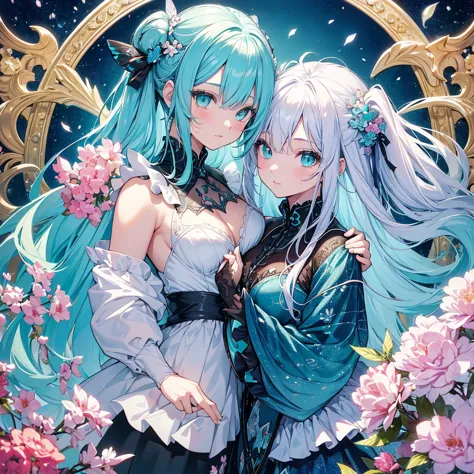 masterpiece, best quality, high quality, detailed, ultra detailed, hyper detailed, insanely detailed, exquisite, beautiful, Full-HD, 16K, highres, absurdres, fairy, a creature, memphis pattern, two side up, aqua hair, white hair, colored inner hair, aqua e...