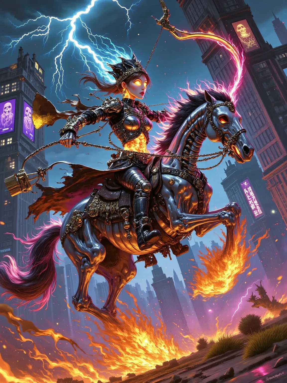 The cyborg steed leaps between skyscrapers as the woman draws her bow sideways at 90 degrees. Subdermal actuators on her left arm glow with concentric rings during the triangular brace. Overloaded arrowhead arcs intertwine with neon data streams from billb...