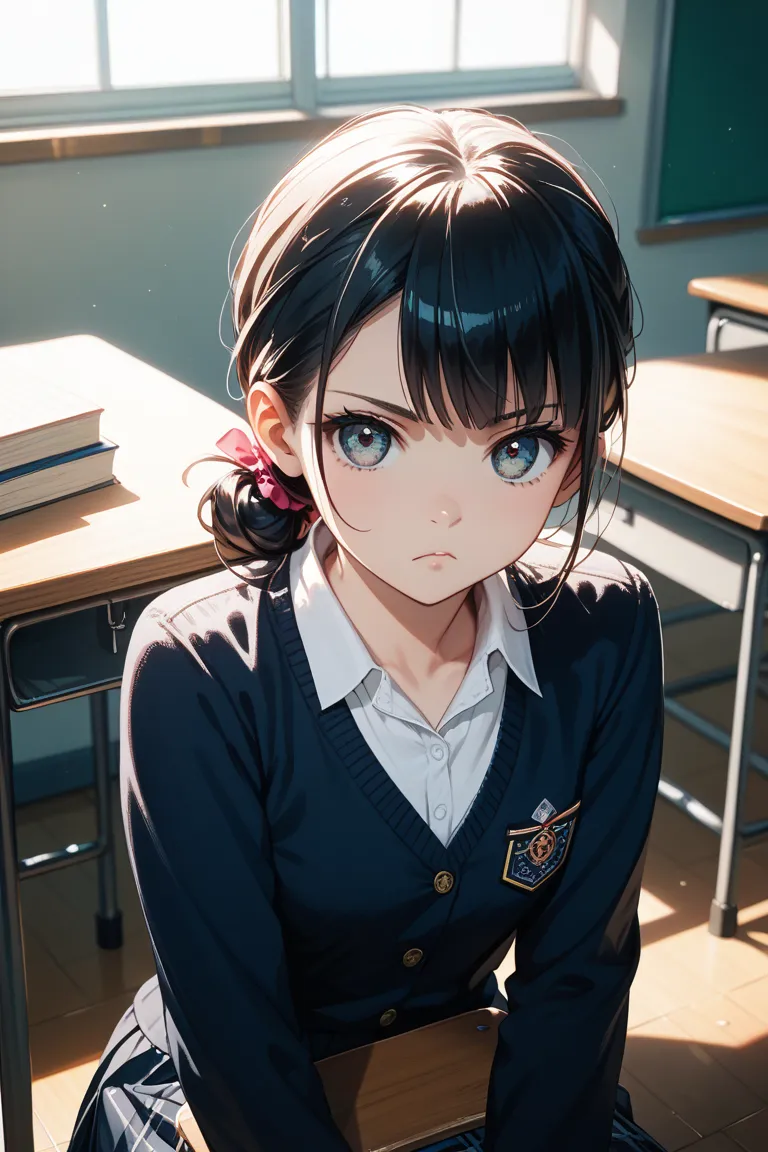 A cute and beautiful human hood friend。The location is next to the seat at school、I'm knocking down at my desk and looking at me with a serious face、Black hair half twin hairstyle、Anime-style