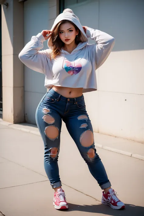 Jed-cslstwr, Casual Streetwear, Oversized white hoodie, ripped jeans, sneakers, bare midriff,venusbody,Japanese Girl,giga breast,wide hip,