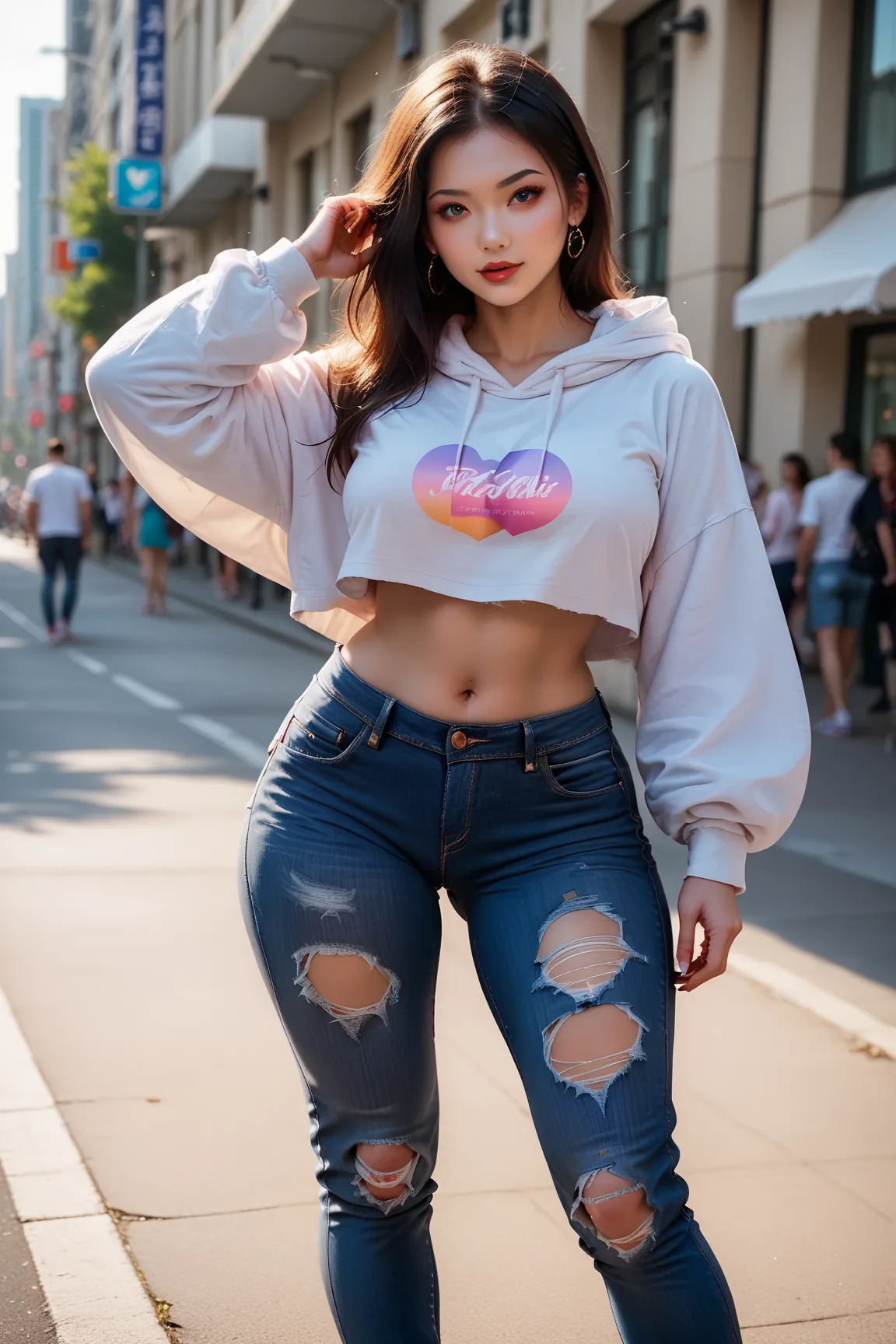 Jed-cslstwr, Casual Streetwear, Oversized white hoodie, ripped jeans, sneakers, bare midriff,venusbody,Japanese Girl,giga breast,wide hip,