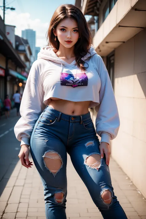 Jed-cslstwr, Casual Streetwear, Oversized white hoodie, ripped jeans, sneakers, bare midriff,venusbody,Japanese Girl,giga breast,wide hip,