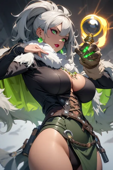 A women with green and silver hair and jewels in hair and cool earrings andhas makeup and eyeliner and lipstick and a outlaw outfit with a cool fur cape with fur around neck  and overlord boots and has guns on waist and a energy sword in hand and has glowi...