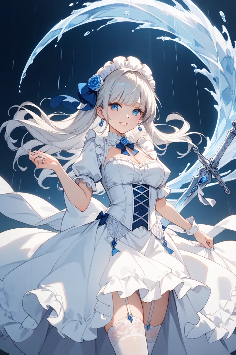 A beautiful platinum haired girl with long platinum hair wearing a white garter belt, white stockings, a white miniskirt, and a white gothic lolita、A long sword with a thin blade made of only cerulean blue translucent glass is held here by holding the hand...