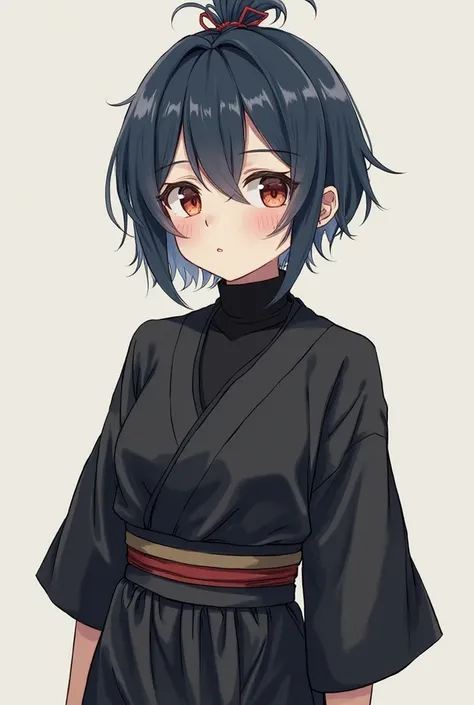  She is a  woman , she has very short dark blue hair that is styled in a flat Yakai-Maki bun fastened with a thin red ribbon, her bangs are uneven and untamable, sticking out over her eyes, before curling and thinning towards her forehead with two slightly...