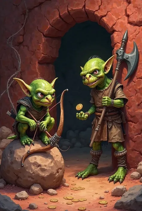 Goblin with bow and a goblin with a one-handed axe In a red sandstone mine the goblin with bow squats on a large rock a little further back, The goblin with the axe is leaning against the wall and counting coins in his hand