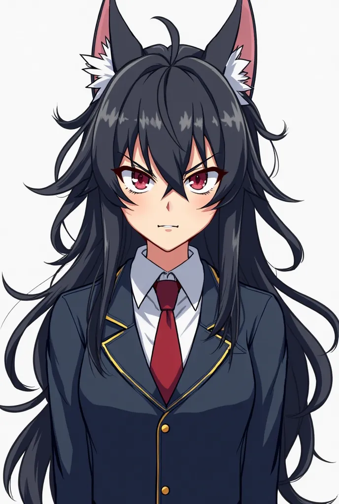 A student with fierce and intimating look in a  long wolf hair cut and a curtain bangs in a dark blue navy uniform with a with background. Webtoon