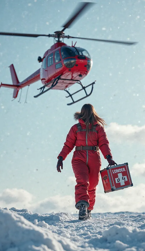 Arrival of the Red Helicopter**  
   *A bright red helicopter approaches from the sky, flying over the icy landscape. Inside, a beautiful woman in a red outfit looks determined. She carries a medical box filled with supplies as she prepares to land.