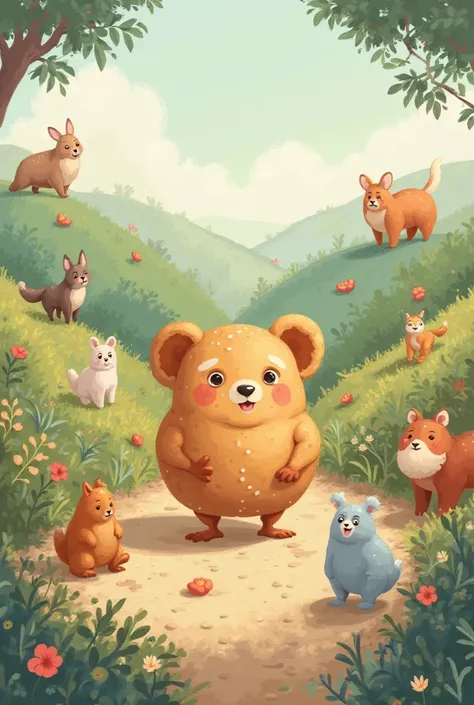 Create an image for an easy drawing on the theme of Kolobok discovering his brand with animals 