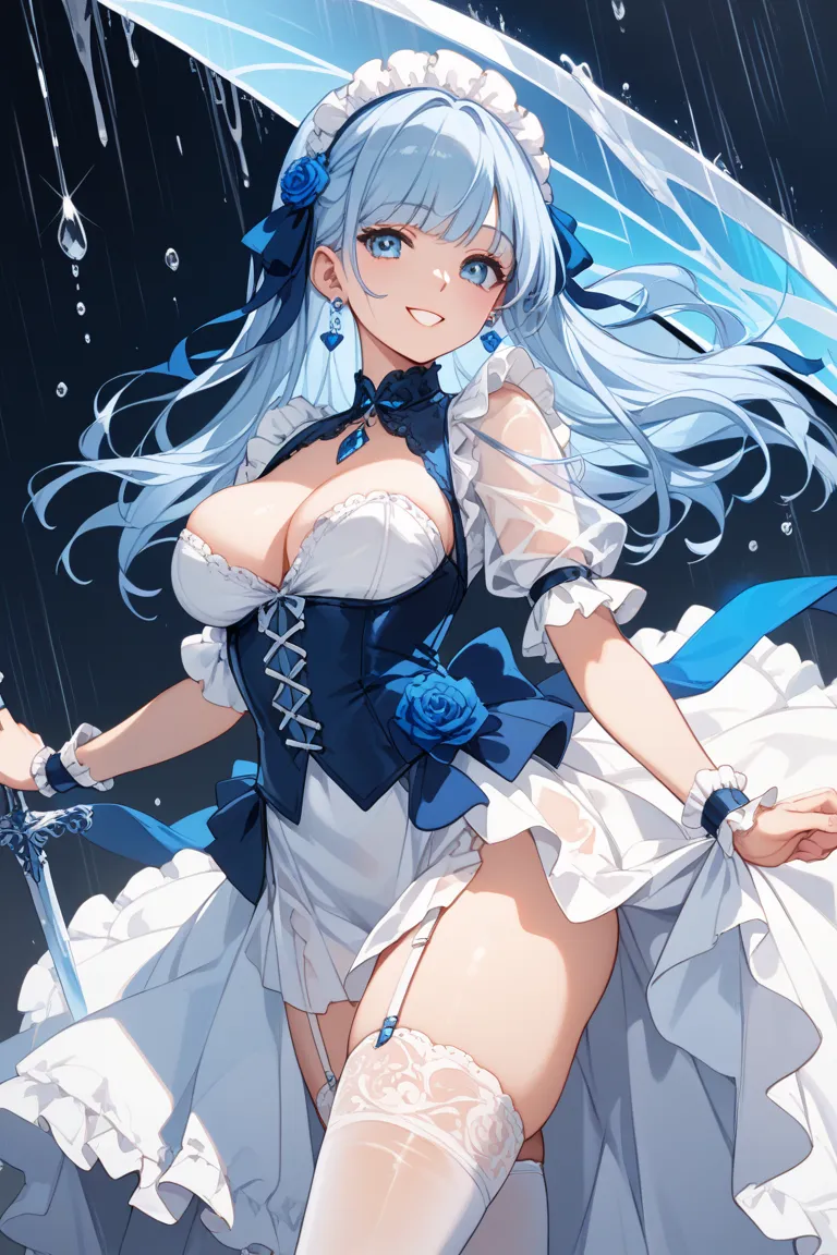 white garter belt, white stockings, white miniskirt, and a beautiful platinum colored long-haired girl wearing a white gothic lolly、A long sword with a thin blade made of only cerulean blue translucent glass is held here by holding the handle with one hand...