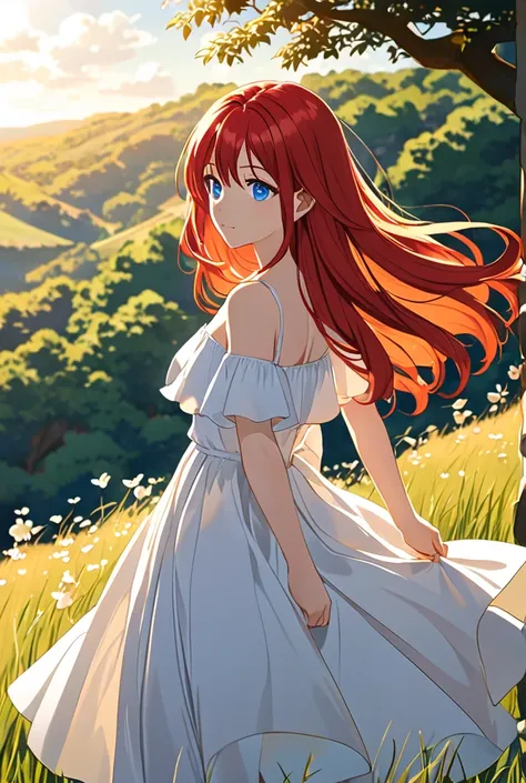 Girl with long straight red hair and blue eyes in a white dress with a 2D anime style skirt