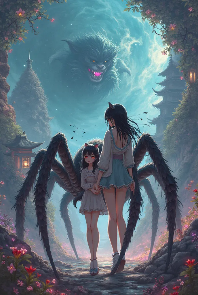 Girl with the body of a spider and her companion cat girl in Japanese style with a fantasy background and that there is a monster behind them