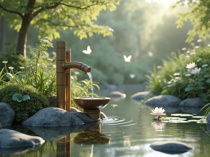 The image depicts a peaceful and serene garden scene featuring a small water fountain made of bamboo, gently pouring water into a pond. The pond has floating lily pads, and its surface ripples softly from the flowing water. Surrounding the pond are lush gr...