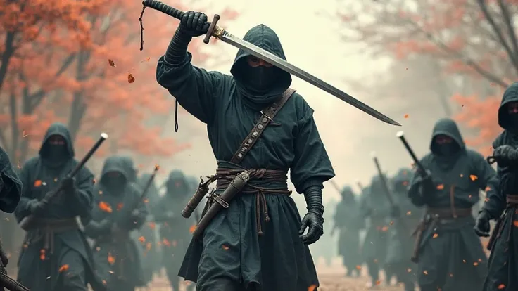 a person dressed as a ninja holding a very long katana weapon. On his body there are other ninja equipment such as kunai, kusarigama, suriken. he was standing raising his sword. and he was surrounded by ninjas posing ready to attack him