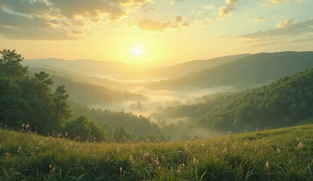 an early summer morning, landscpe with woods in the distance, with the sun just risen, mist, 