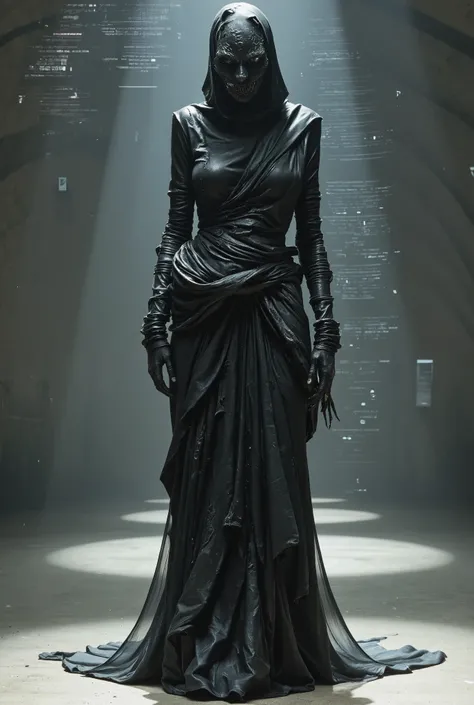 A haunting, high-fashion model in a Rick Owens-inspired dystopian outfit, blending brutalist, asymmetric drapery with distressed leather and grotesque, organic textures. The silhouette is elongated and skeletal, with exaggerated, twisted proportions. The m...