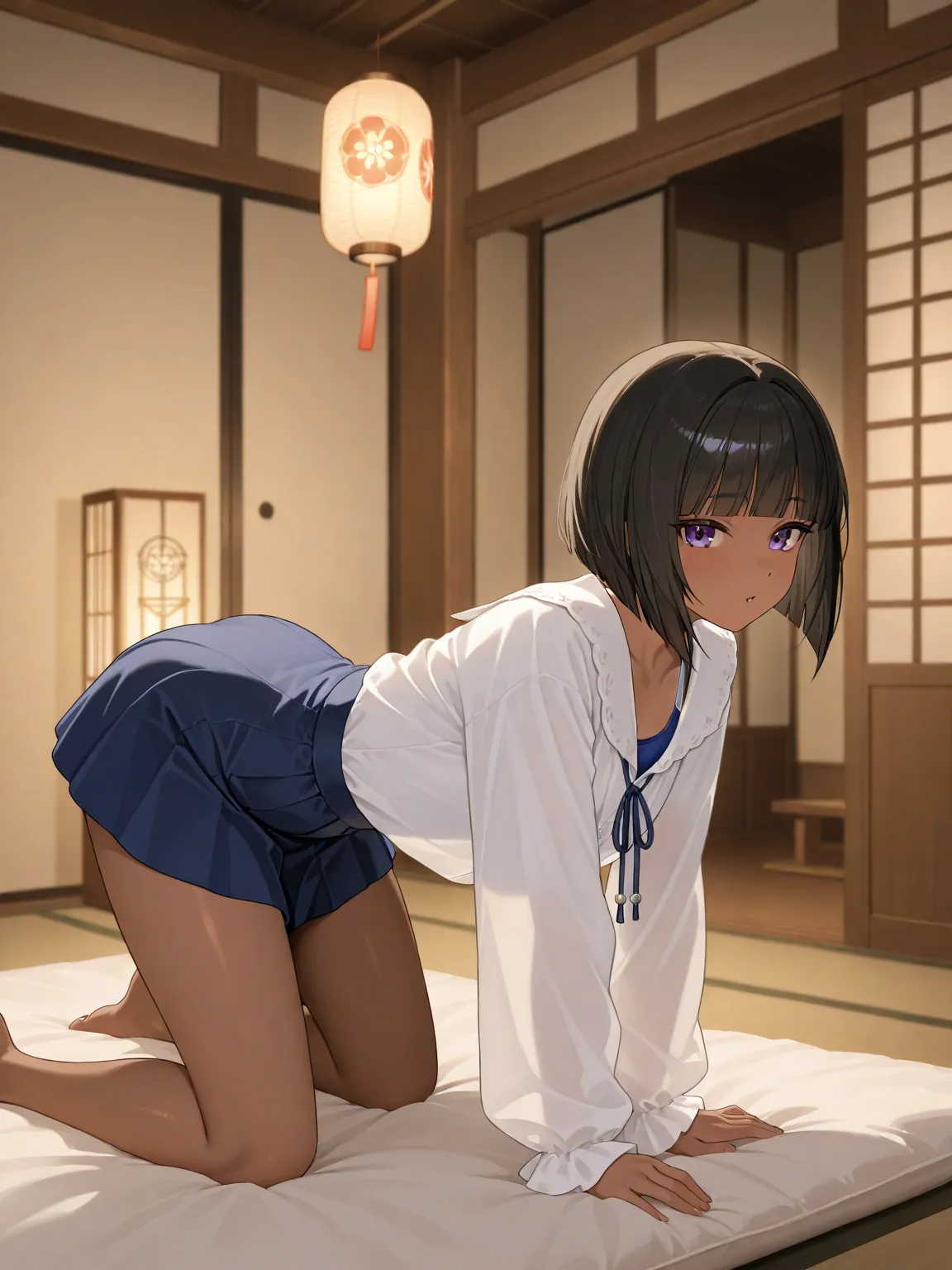 Beautiful dark-haired short bob girl wearing a white blouse and dark blue tight miniskirt is on all fours,The bottom of the skirt is a light blue competitive swimsuit, Japanese-style room in a Japanese house,There are lanterns at night