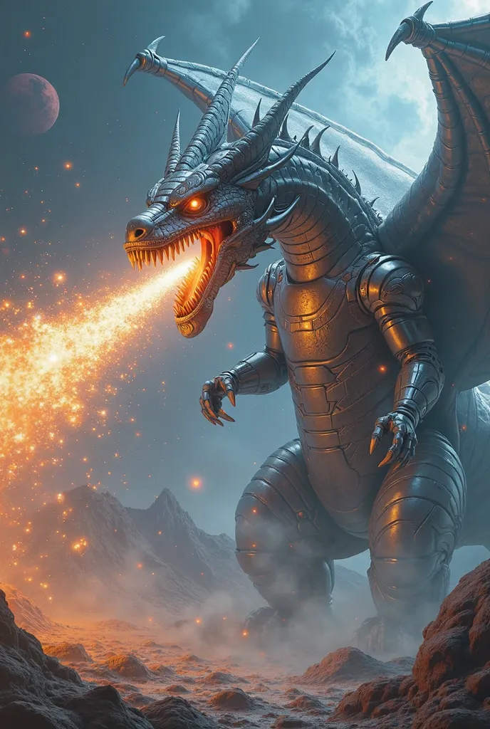 show me a massive glowing cyborg dragon the size of a planet shooting a plasma