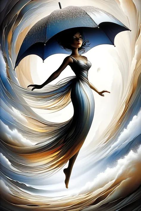 A multi-layered swirling hurricane of a microscopic tiny cartoon girl with an umbrella
surrealism, minimalism, Lee Bogle style, Andrew Penovac