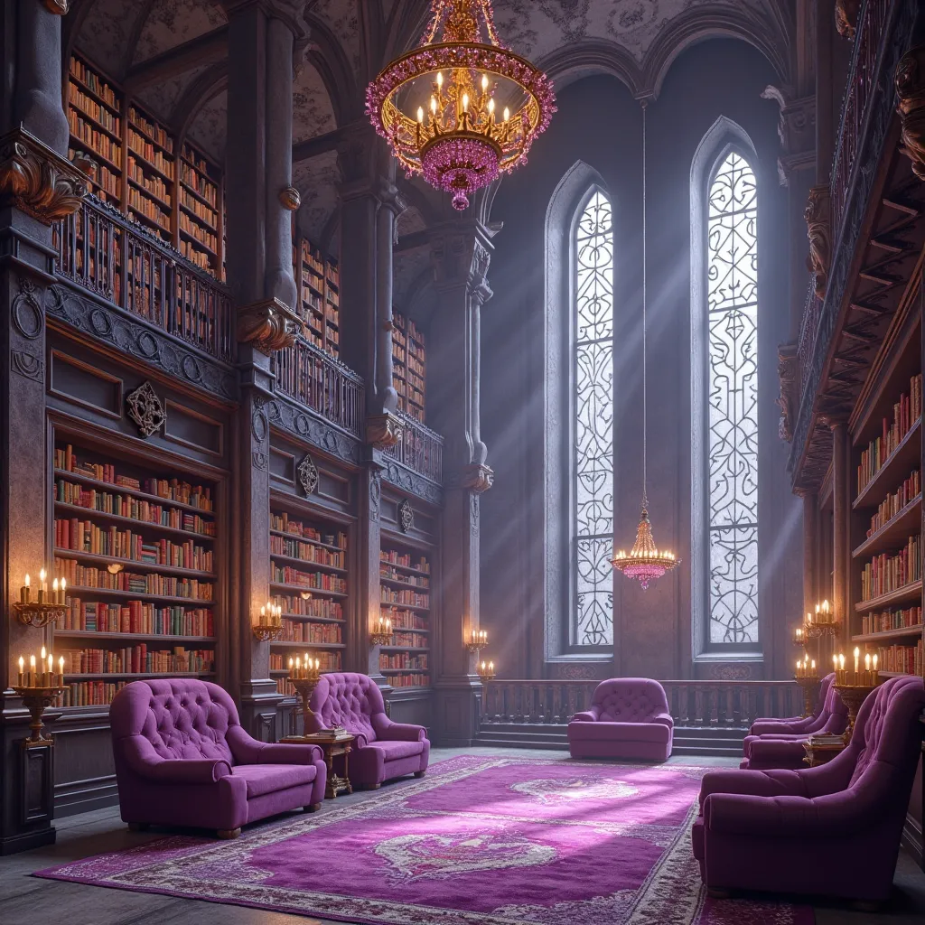 a large library , Lord of the Rings themed, And a lot of purple colors.