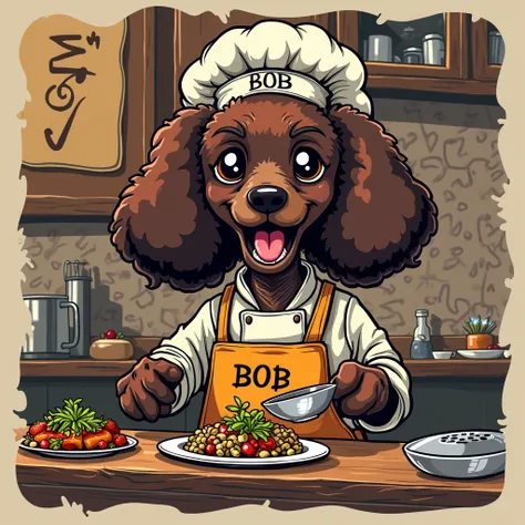 "Distinctive afro hair like Snoop Doggy、It featured 1 toy poodle in cartoon style、Create detailed and vivid graphics、Bone-shaped gold plate with the name BOB written on the neck、the dog cooks food as a chef at a restaurant、Wearing a chef hat with BOB writt...