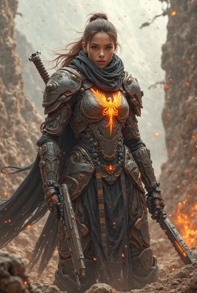 A warrior with the battery of her NSWS alliance and a Phoenix on fire 