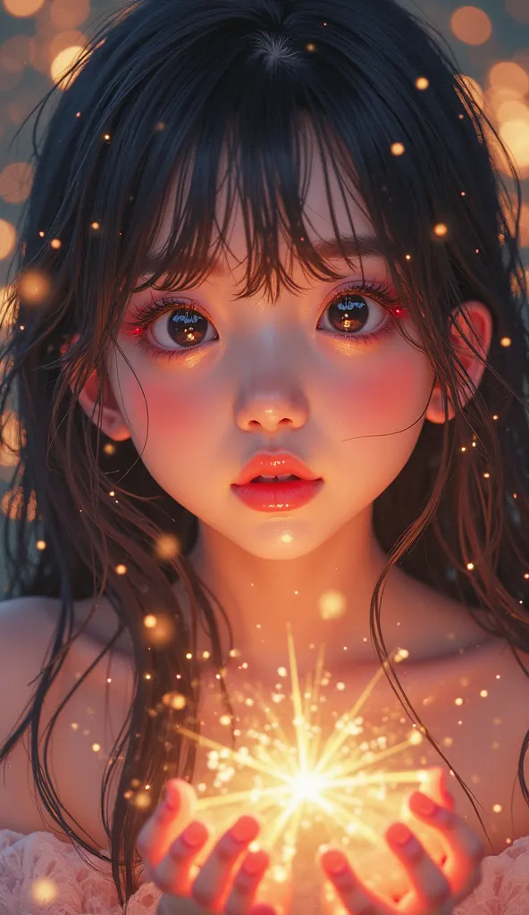 (masterpiece) high quality, very detailed, beautiful korean girl, baby-faced, wearing bold makeup, shiny lipstick, cute girl being mesmerized by something that catches her attention, wide-eyed, sparkling eyes, cute behavior, amazed, loli girl, cute, adorab...