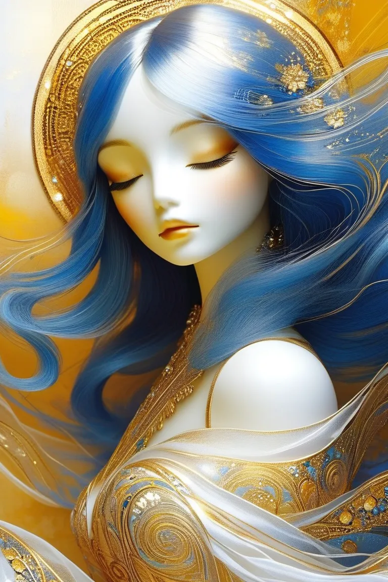 A serene portrait of a doll art woman with closed eyes, her expression radiating tranquility and grace. She has long blue hair styled with ornate, spherical ornaments featuring golden geometric patterns. Her flowing white dress is semi-transparent, blendin...