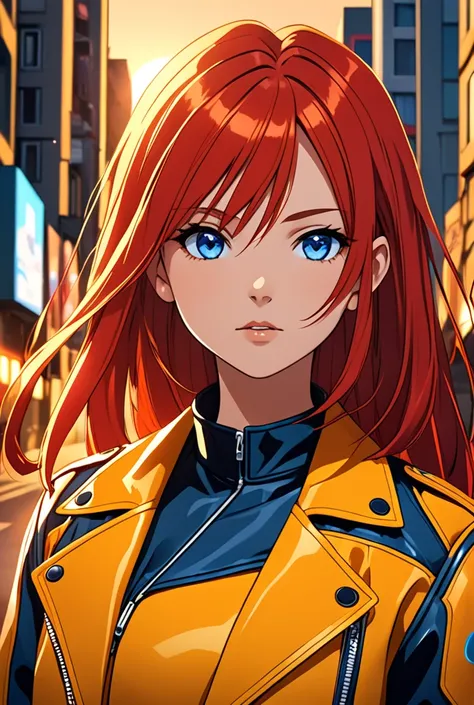 Girl with long straight red hair and blue eyes wearing a yellow 2D anime-style leather jacket