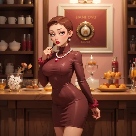 1girl, solo, Sharon Marsh,  short hair, very short hair, brown hair,   long sleeves, pink dress, turtleneck dress, necklace, gold pearl drop earrings, red lips, lipstick, standing, indoors, holding purse, eyelashes, makeup, 