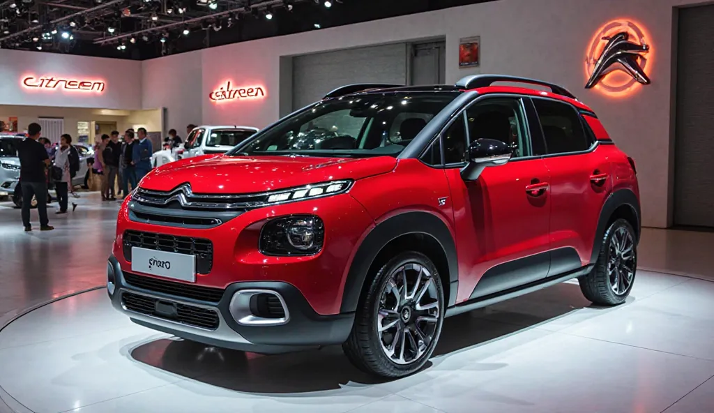 The image depicts the full side body view of 2025  ( Citroen c3)  (red ) clour. in a futuristic, well showroom and back ground well logo( Citroen) . full great size with Good's walls and  highlight 56k.