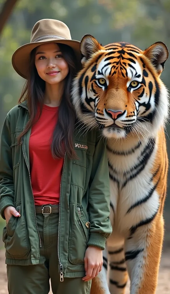 Korean women face artist casual style, red t-shirt wears open green jacket, wears a hat and climber's green trousers, long hair there are slight red accents , was standing with a big tiger next to him, all tiger body looks in detail, they seem familiar and...