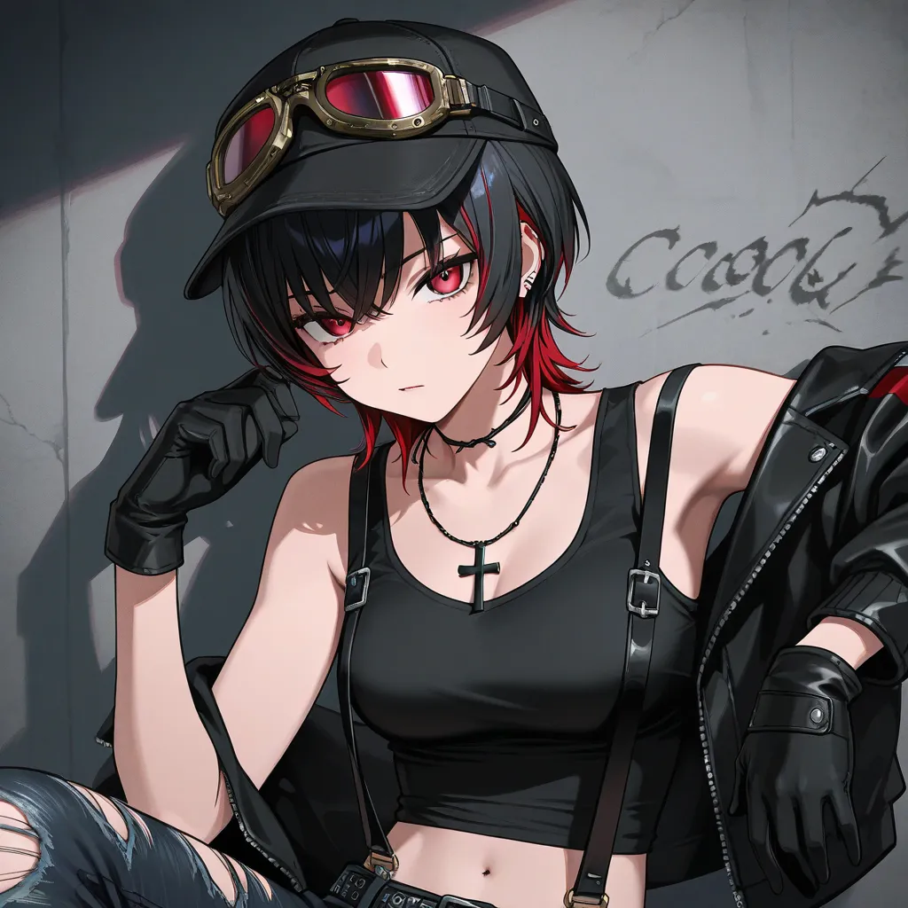 Black tank top midriff sleeveless, black gloves, black biker no torn jeans, jacket with Belt + Suspenders, Grunge Goggles Black, Distressed Black Hat, black crucifix  necklace, red eyes, Short Wolf Cut black with red highlights, cool girl