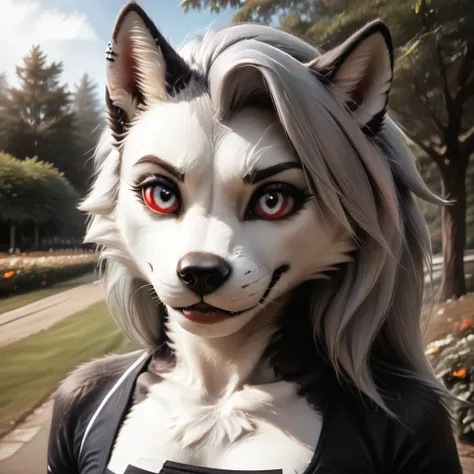 Loona furry with beautiful detailed eyes, beautiful detailed lips, extremely detailed face, long eyelashes, wearing black tight legins and sport black bra, walking in a park with many trees, (best quality,4k,8k,highres,masterpiece:1.2),ultra-detailed,(real...