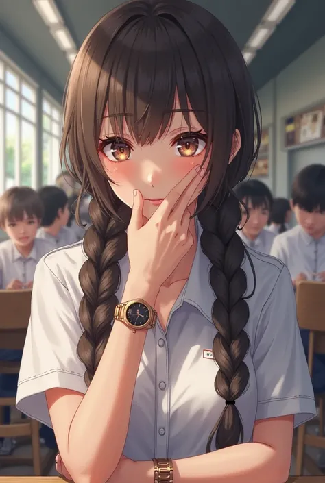  1 female student with dark brown braids,  put 2 fingers on the left side ,  wear a copper-colored watch on the left side , Cover your mouth,  left cheek bulging ,  wearing a white uniform ,  cafeteria background ,  put 2 fingers on the left side 