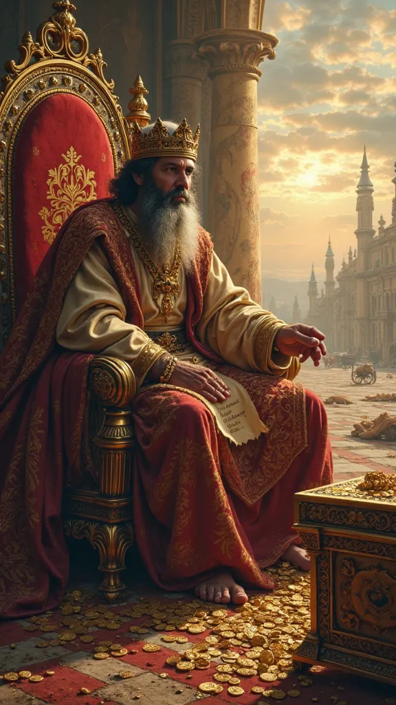 The regally dressed King Solomon, with his crown slightly tilted and his brow furrowed, sits on a throne of glittering gold studded with precious stones. His once full treasure chest in front of him is now almost empty, save for a few scattered gold coins ...