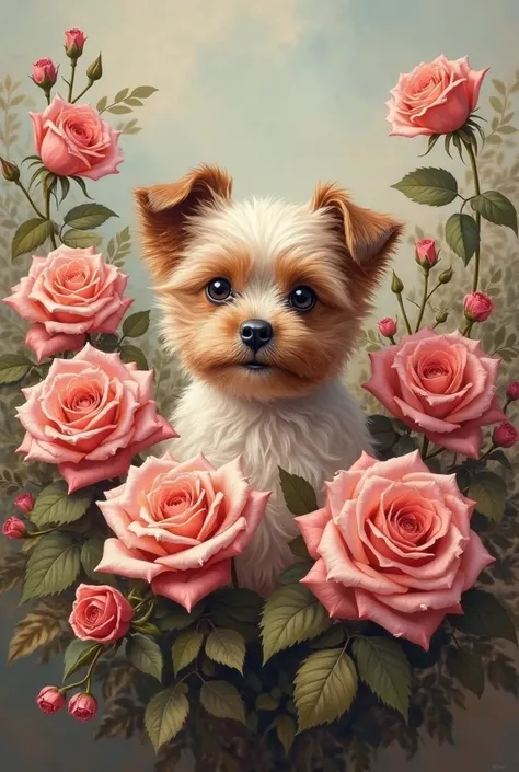 A painting wallpaper with roses and dog