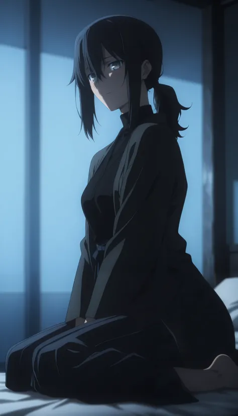 masterpiece, best quality, amazing quality, highres, absurdres, very aesthetic, high resolution, ultra detailed, perfect details, midnight, , upper body, indoors, ufotable style, ((blue hour)), (from side),
1girl, solo, ufotable style, anime style, (a...