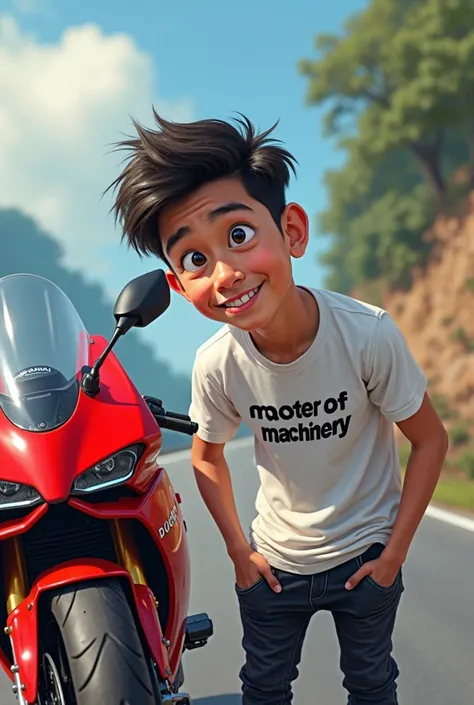 Caricature style A 20-year-old indonesian boy wearing a white t-shirt with the words “MASTER OF MACHINERY” and black pants.looking at a red Ducati bike parked on the side of the road Real ultrarealistic photo