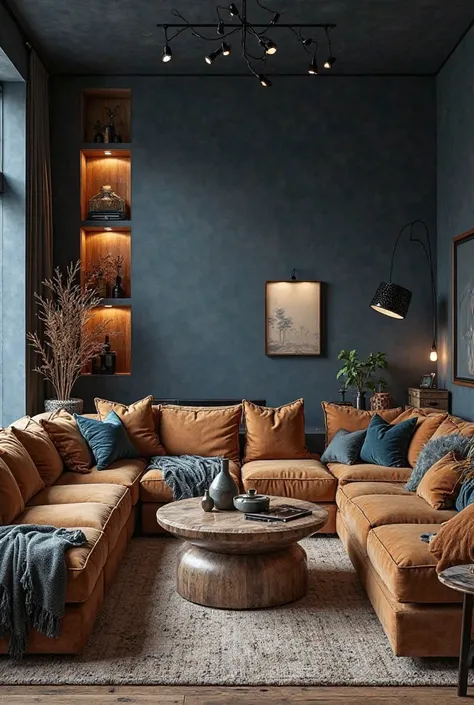 Realistic photo of living room with Navy blue walls, cosy but boyish atmosphere. 