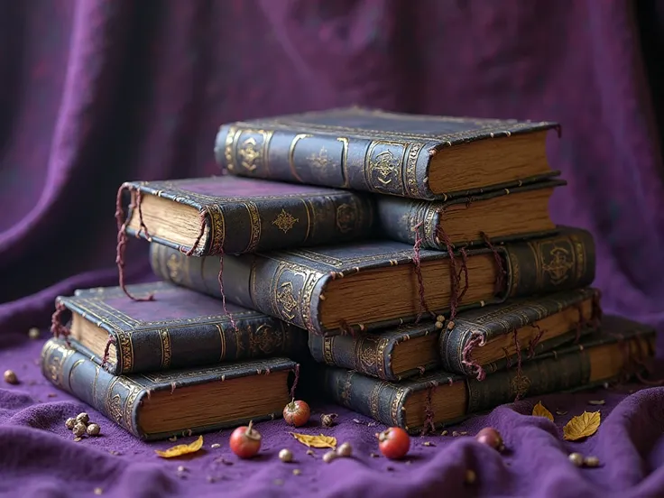 A group of messy books with the Lord of the Rings theme, And a lot of purple colors.