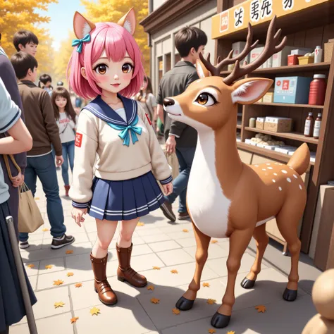 (     Top Quality , portable ,     very well detailed ),     girls on the left  ，deer，    ピンクのふわふわのhair \(\),    hair,       short bob cut     ,      thick eyebrows ，     long sleeve sailor suit     ，     pleated skirt，      LIGHT BLUE RIBBON      ，    bro...