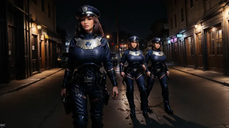  ,high definition,high resolution,Ultra-realistic,8K, masterpiece,High detail , police Swat Women, brown longbob Hair, Brown Eyes, police hat,dark blue Body leahter Suit, Body armor, big breasts, dark blue trousers,belt, black boots, standing in a City all...